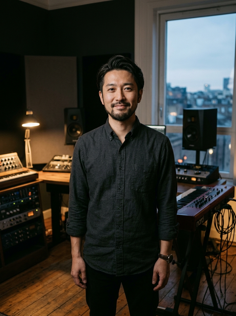 The founder standing in a small music studio at dusk
