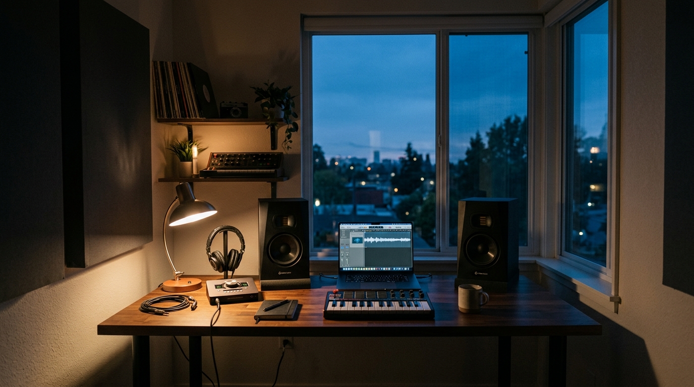 A small music production studio at dusk, warm desk lamp against blue window light